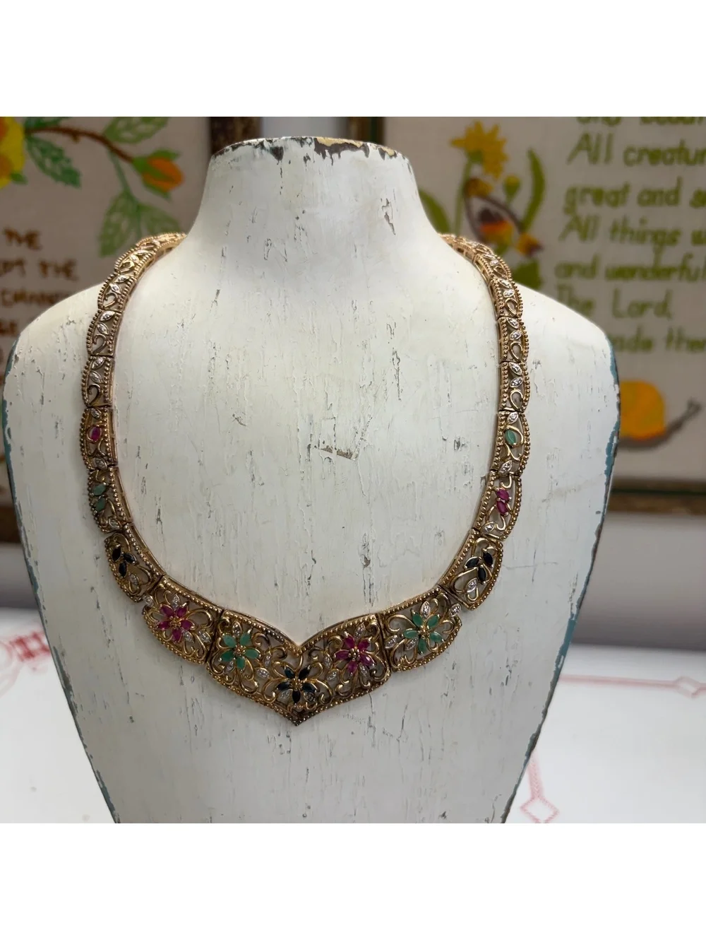 Filigree vermeil sterling choker necklace with emerald sapphire ruby detail vtg